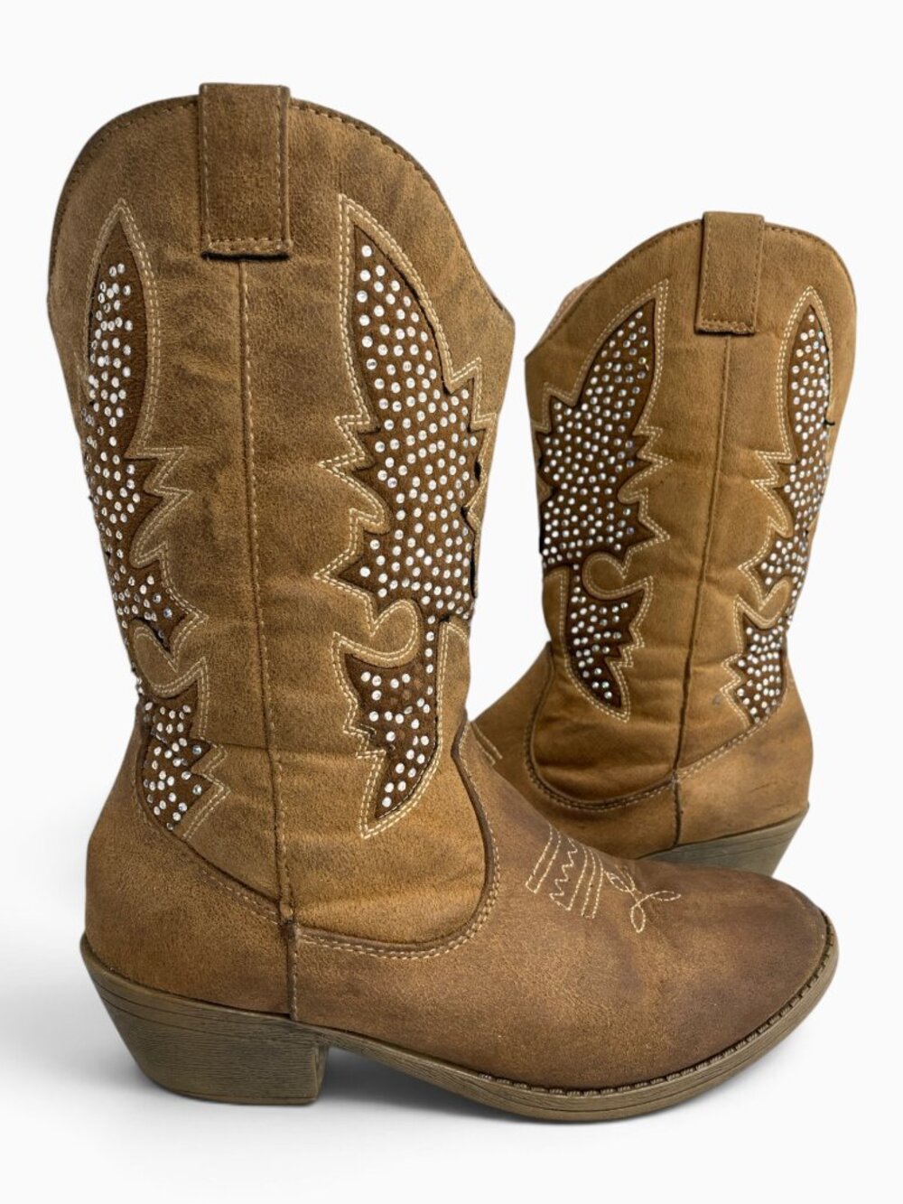 Justice Rhinestone Glitter Brown Faux Leather Cowgirl Western Boots Girls 7